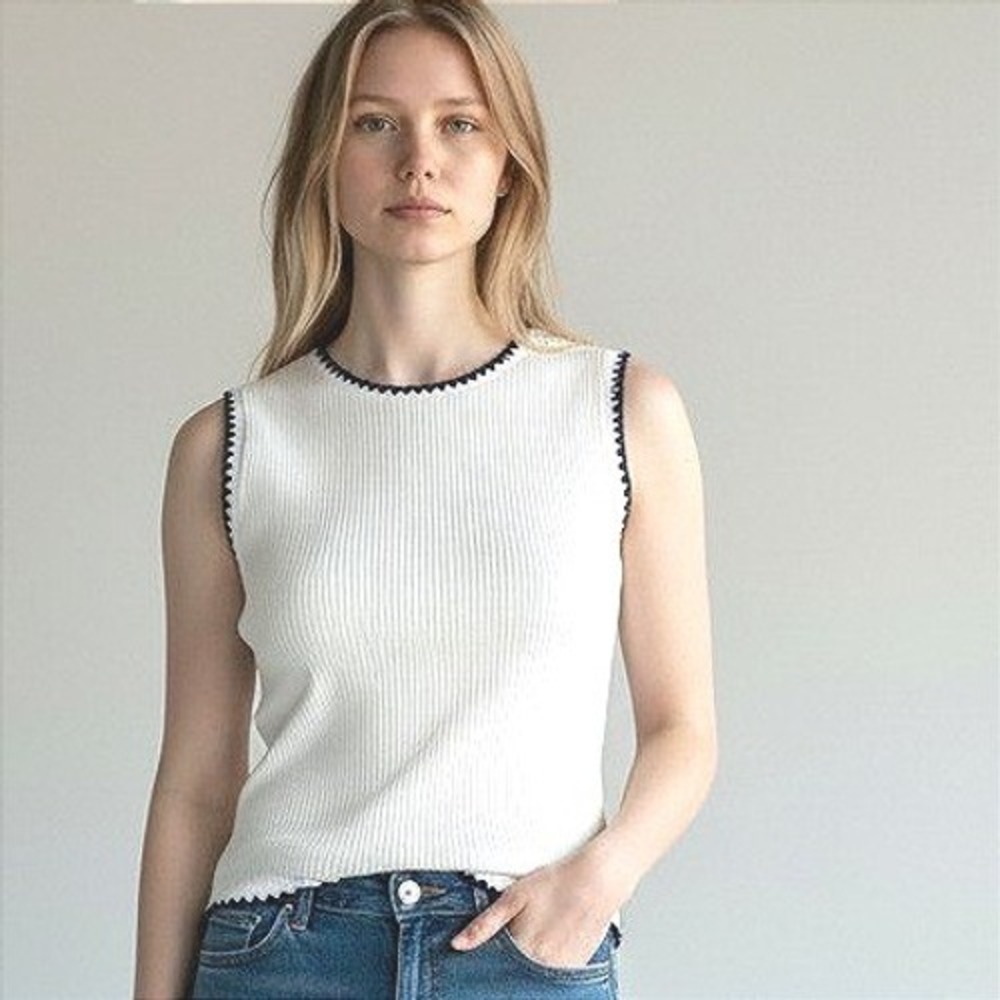 Draper James Womens White Ribbed Knit Sleeveless Shell Navy Scallop Trim XXL